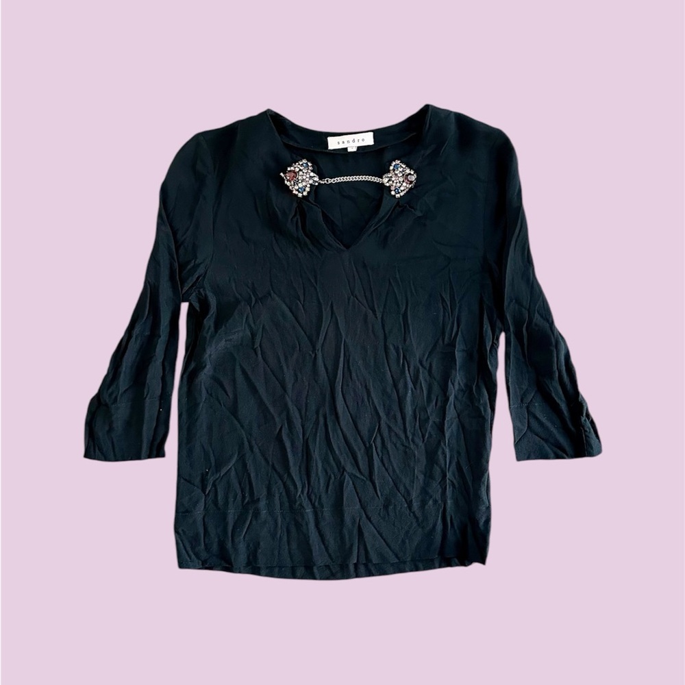 Sandro Paris Blouse‎ Women’s 1 Jewel Chain Collar 3/4 Sleeve Size S/M Sheer Top